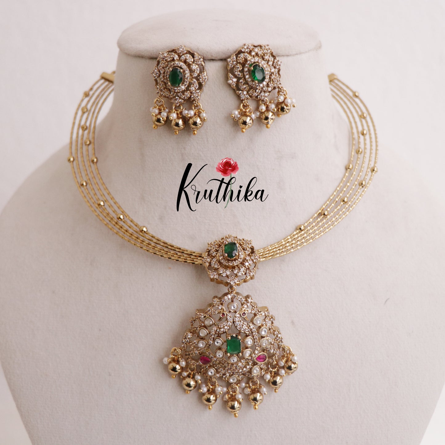 Simple AD Victorian Jadau Peacock Hasli Necklace with Beads Drops NC2342 (Available in 3 Colours)