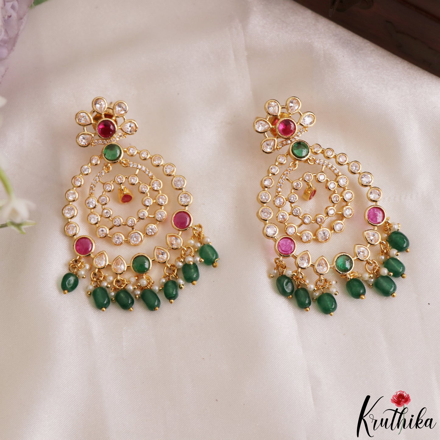 Trendy Floral Geometric Motifs Earrings With Green Bead Drops E1207