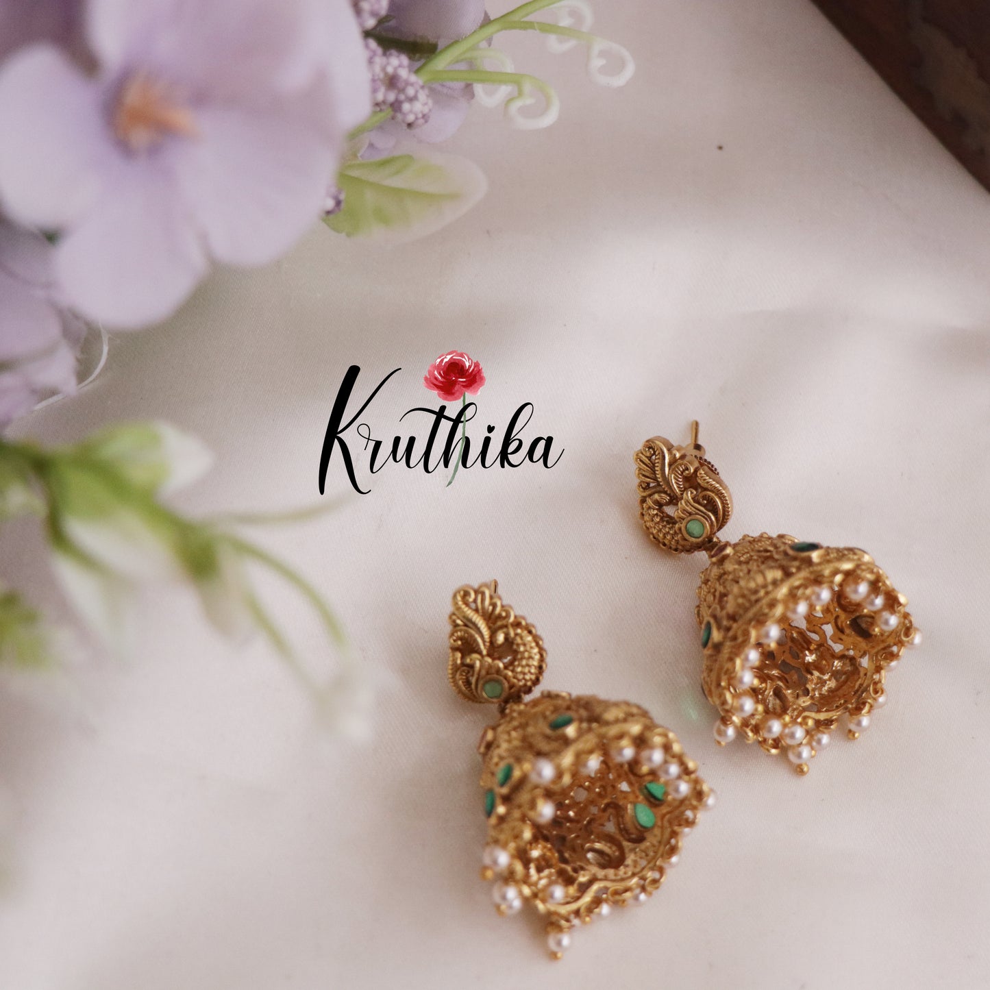 Beautiful Temple Lakshmi Peacock Jhumka with Golden Beads Drops E758