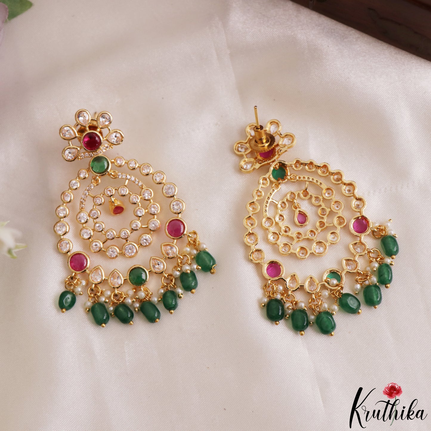 Trendy Floral Geometric Motifs Earrings With Green Bead Drops E1207