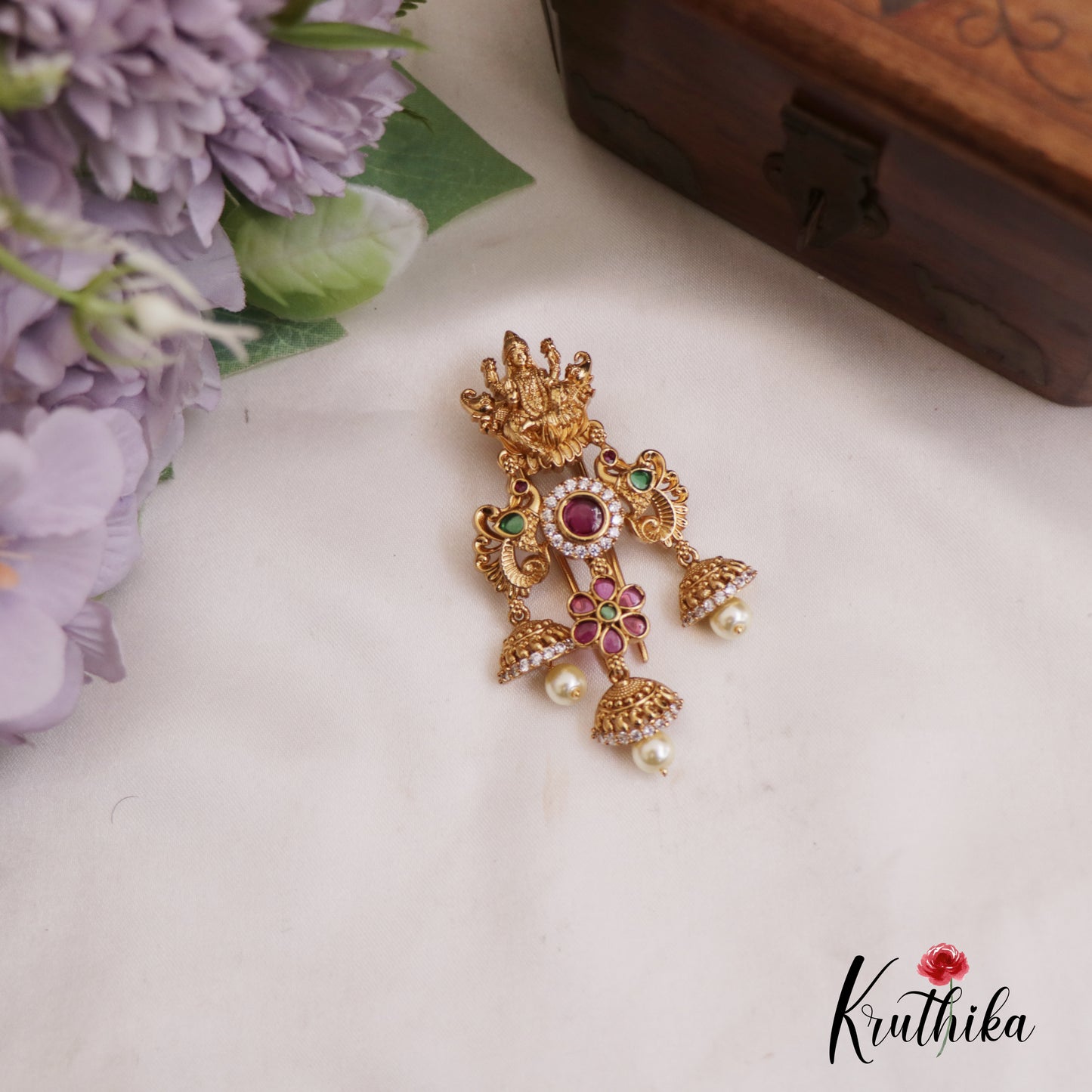 Elegant Lakshmi Peacock Motifs Jhumka Jada Billa With Pearl Drops J343