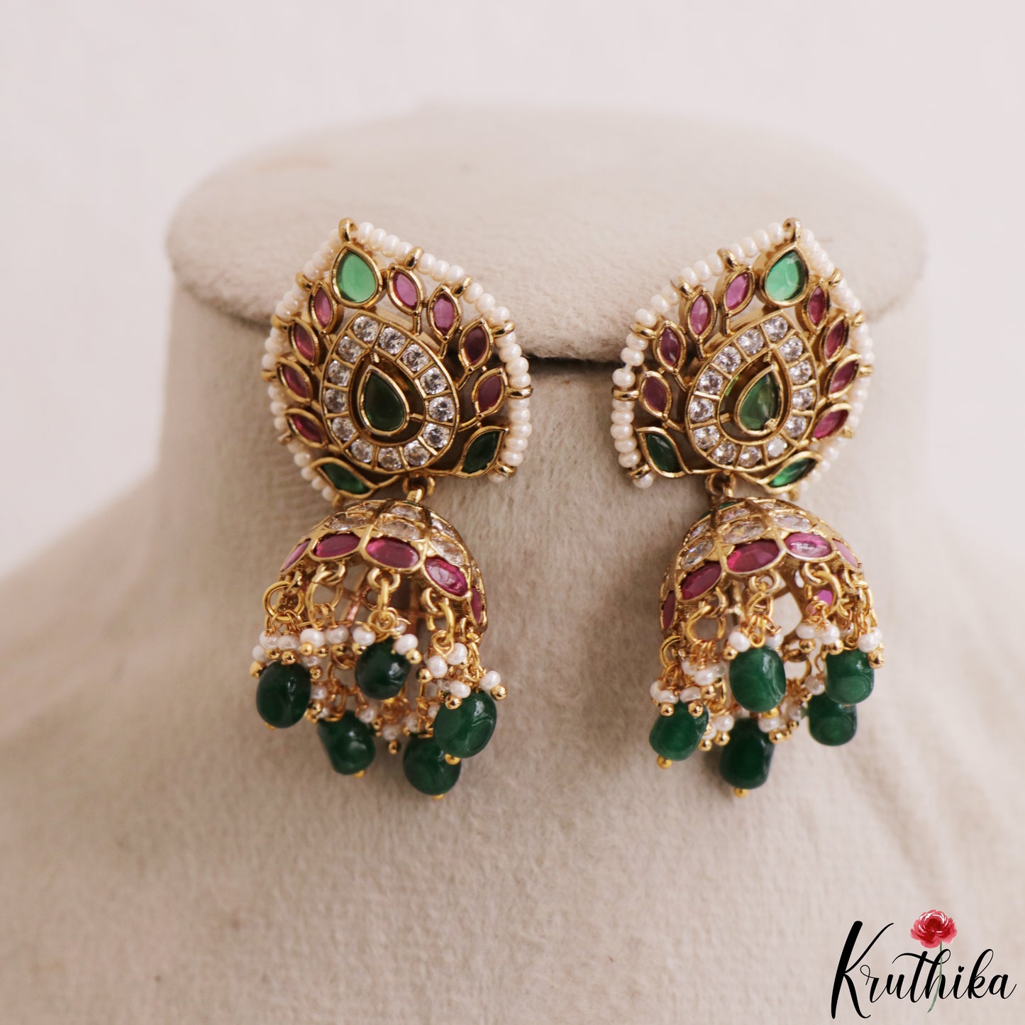 Sparkling Pearl Border Teardrop Motifs Jhumkas With Green Bead Drops E1208