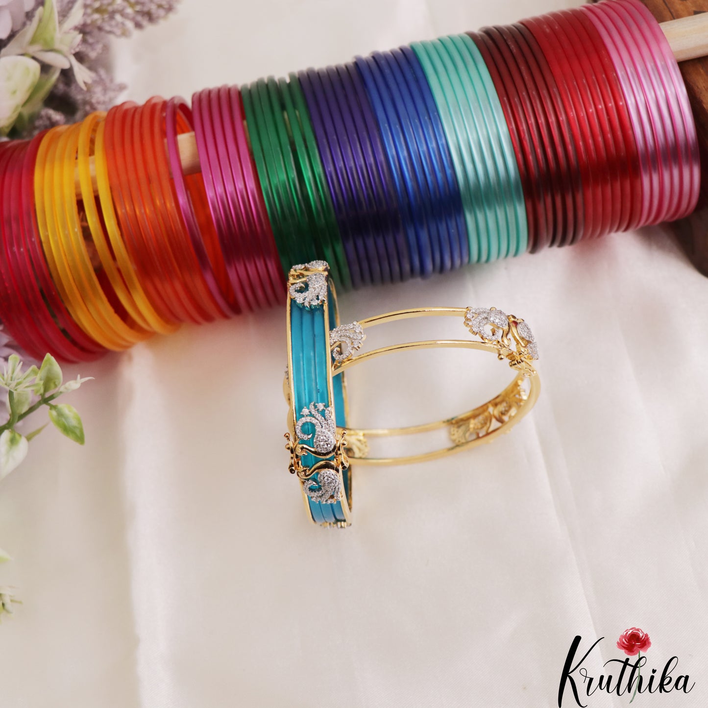 Beautiful Openable CZ Frame Bangle With 12 in 1 Interchangeable Color Bangles B544