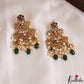 Beautiful Floral Motifs Chandbali Earrings Withe Rice Pearl And Green Bead Drops E1209