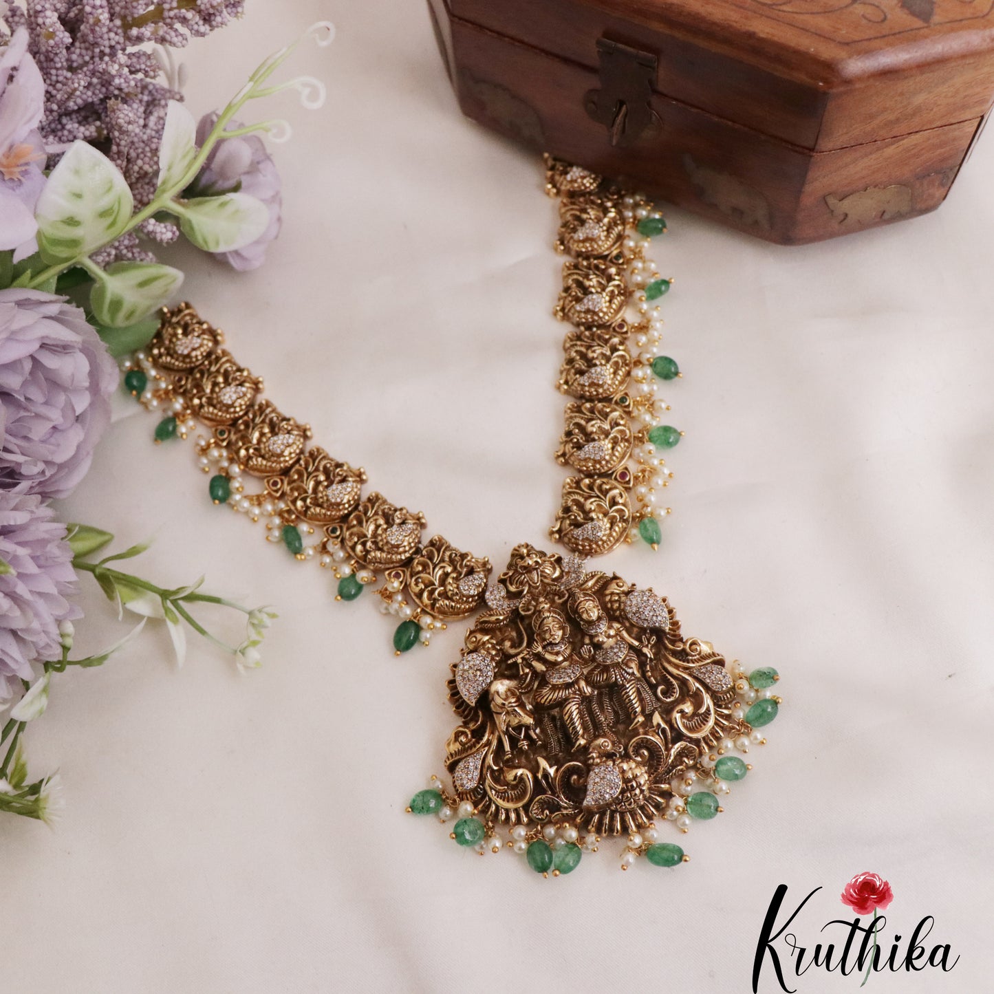 Royal Temple Radha Krishna Peacock Necklace with Green Beads Drops NC2420
