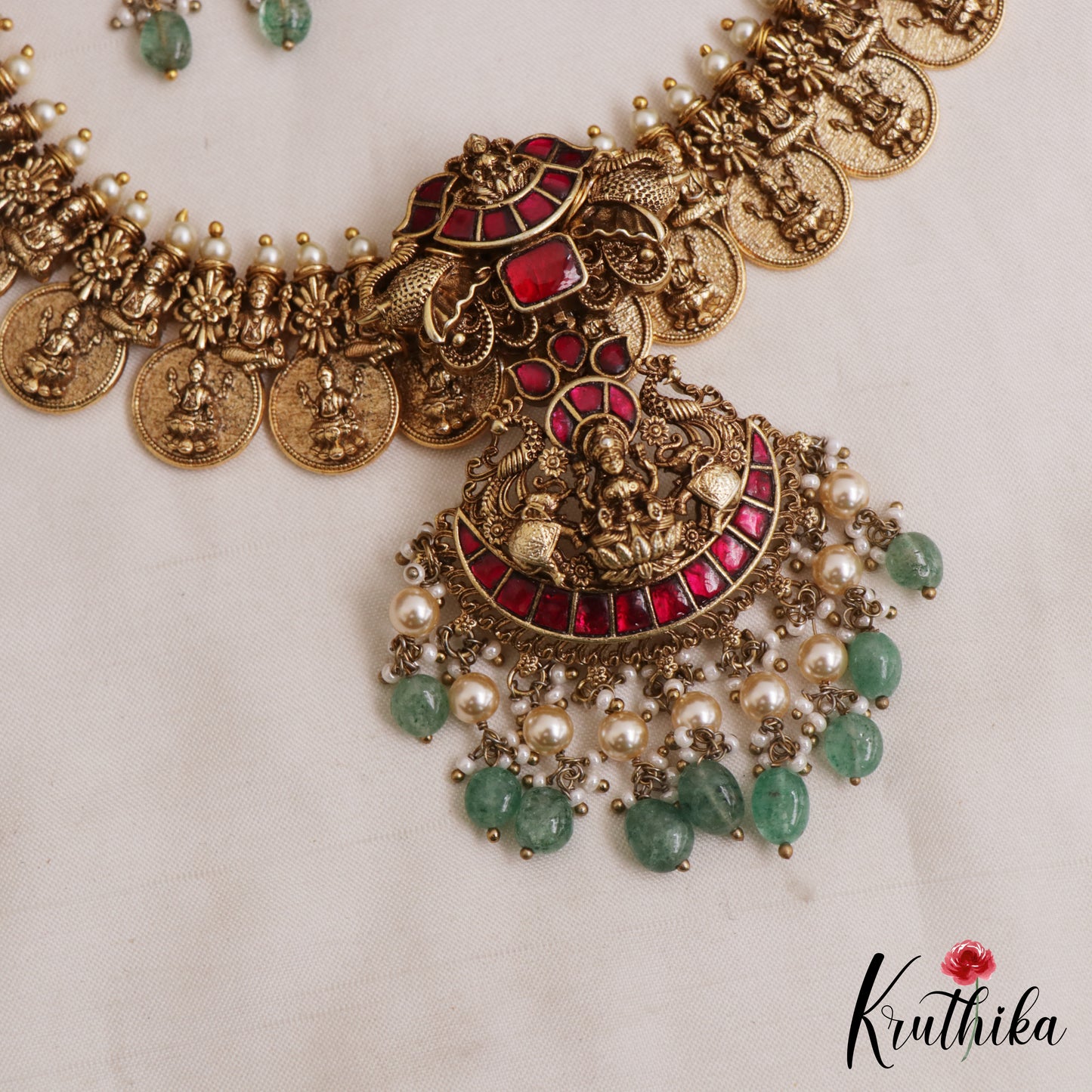 Premium Antique Nagas Peacock Motifs Lakshmi Kasu Necklace With Green Bead Drops NC3064