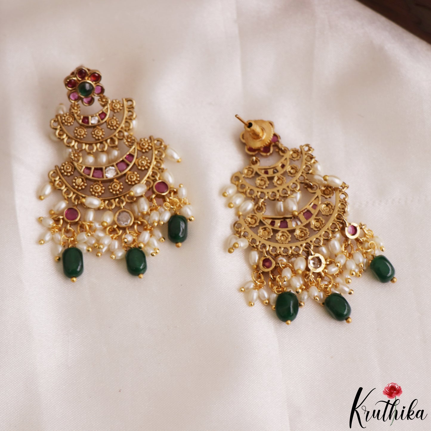 Beautiful Floral Motifs Chandbali Earrings Withe Rice Pearl And Green Bead Drops E1209