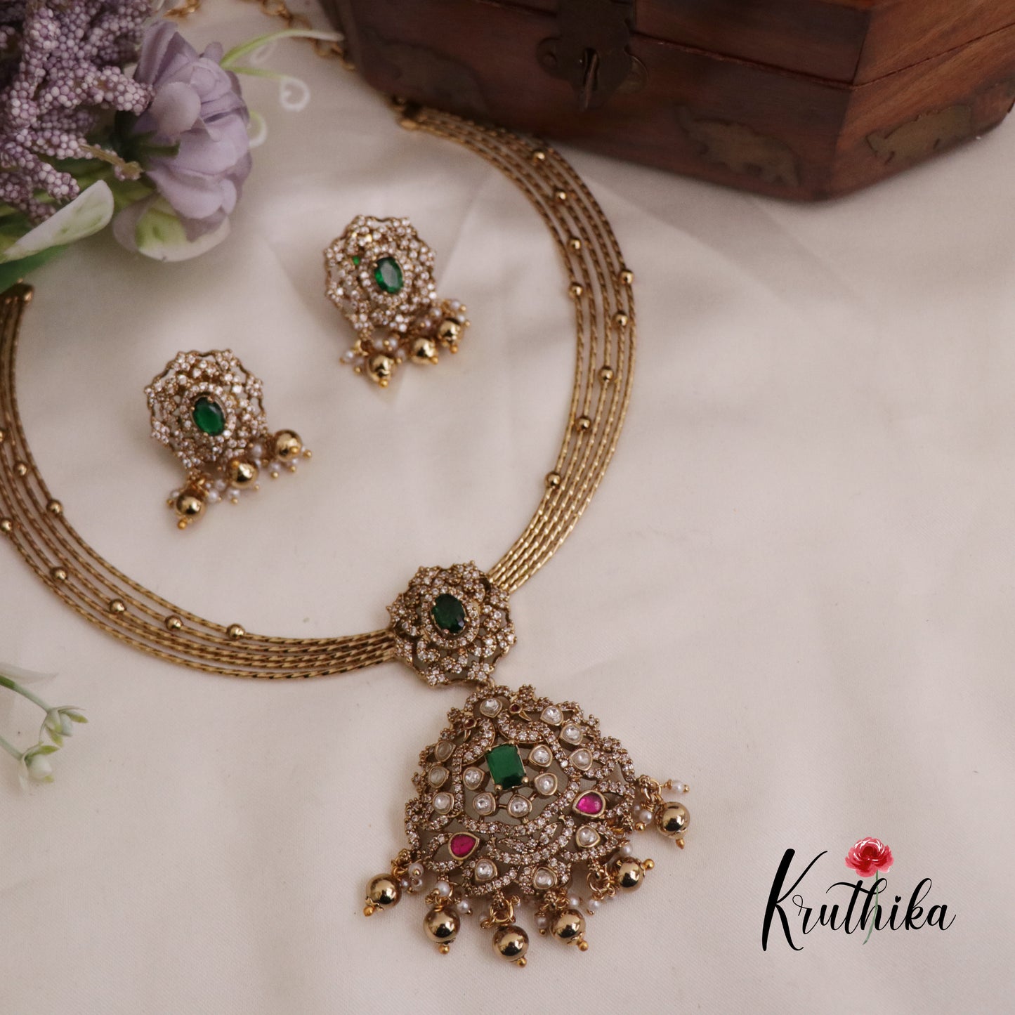 Simple AD Victorian Jadau Peacock Hasli Necklace with Beads Drops NC2342 (Available in 3 Colours)