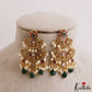 Beautiful Floral Motifs Chandbali Earrings Withe Rice Pearl And Green Bead Drops E1209
