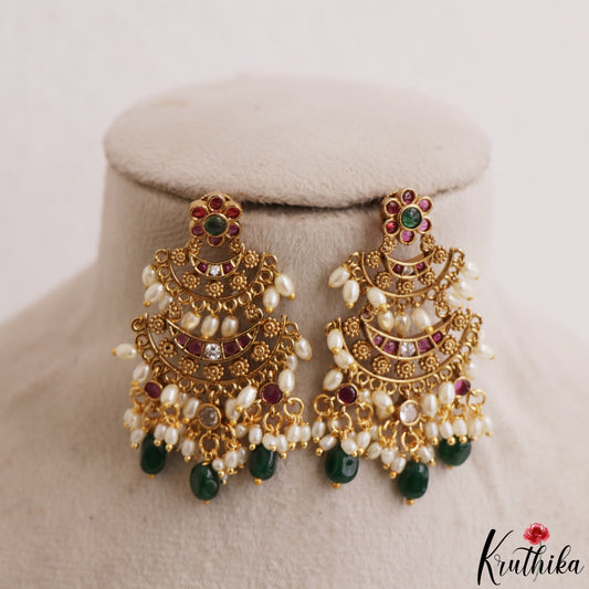 Beautiful Floral Motifs Chandbali Earrings Withe Rice Pearl And Green Bead Drops E1209