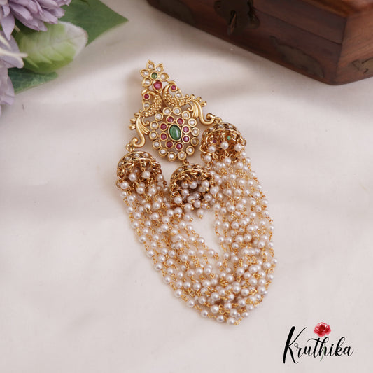 Gorgeous Antique Peacock Motifs Jhumka Jada Billa With Multi Pearl Strands J352