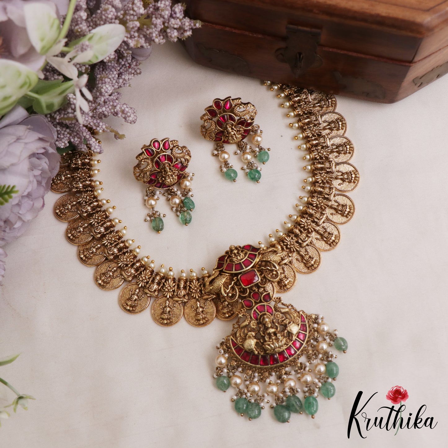 Premium Antique Nagas Peacock Motifs Lakshmi Kasu Necklace With Green Bead Drops NC3064