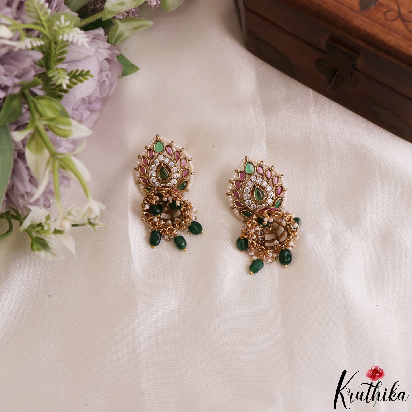 Sparkling Pearl Border Teardrop Motifs Jhumkas With Green Bead Drops E1208