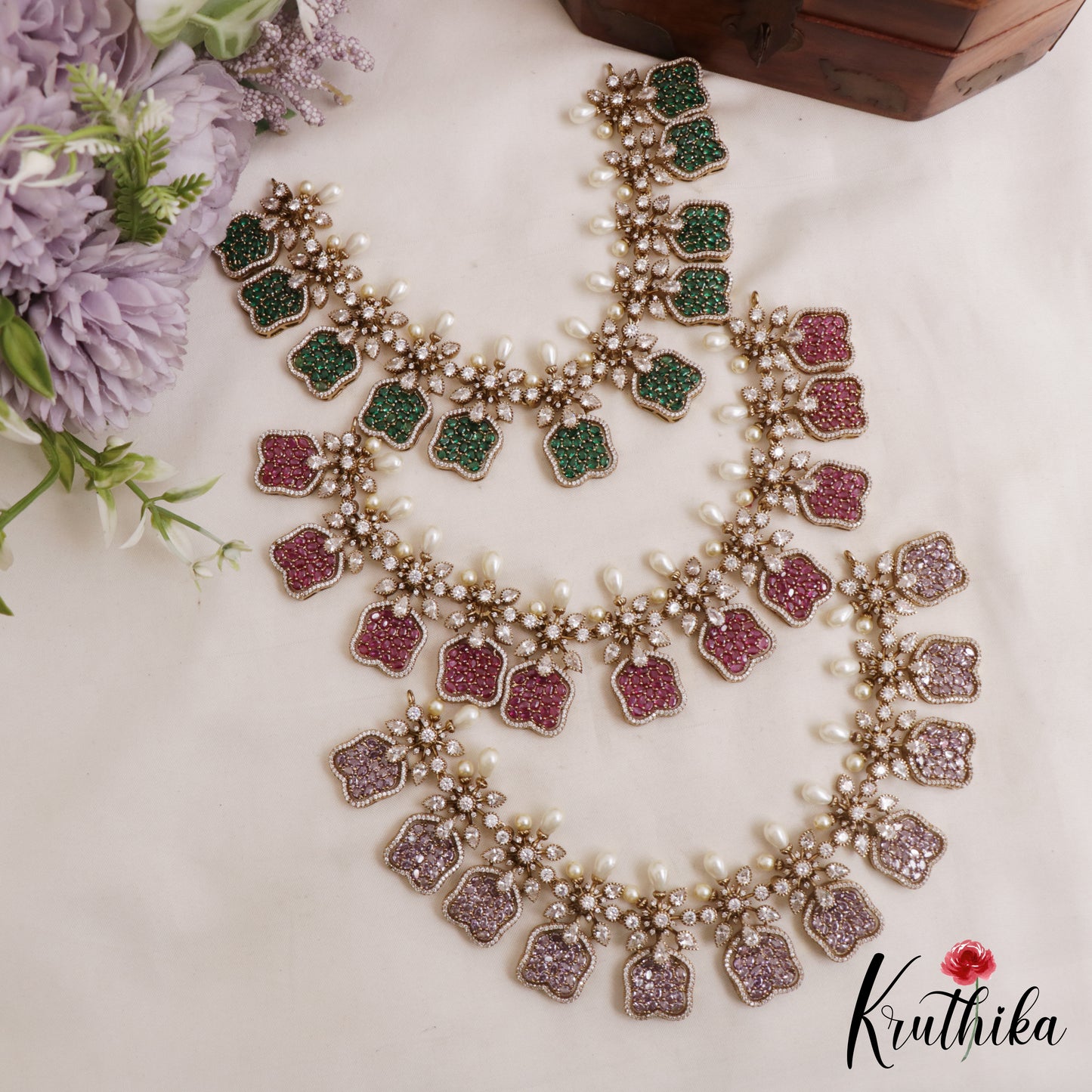 Stunning Floral Motifs CZ Victorian Necklace NC3065 (Available In 3 Colors)