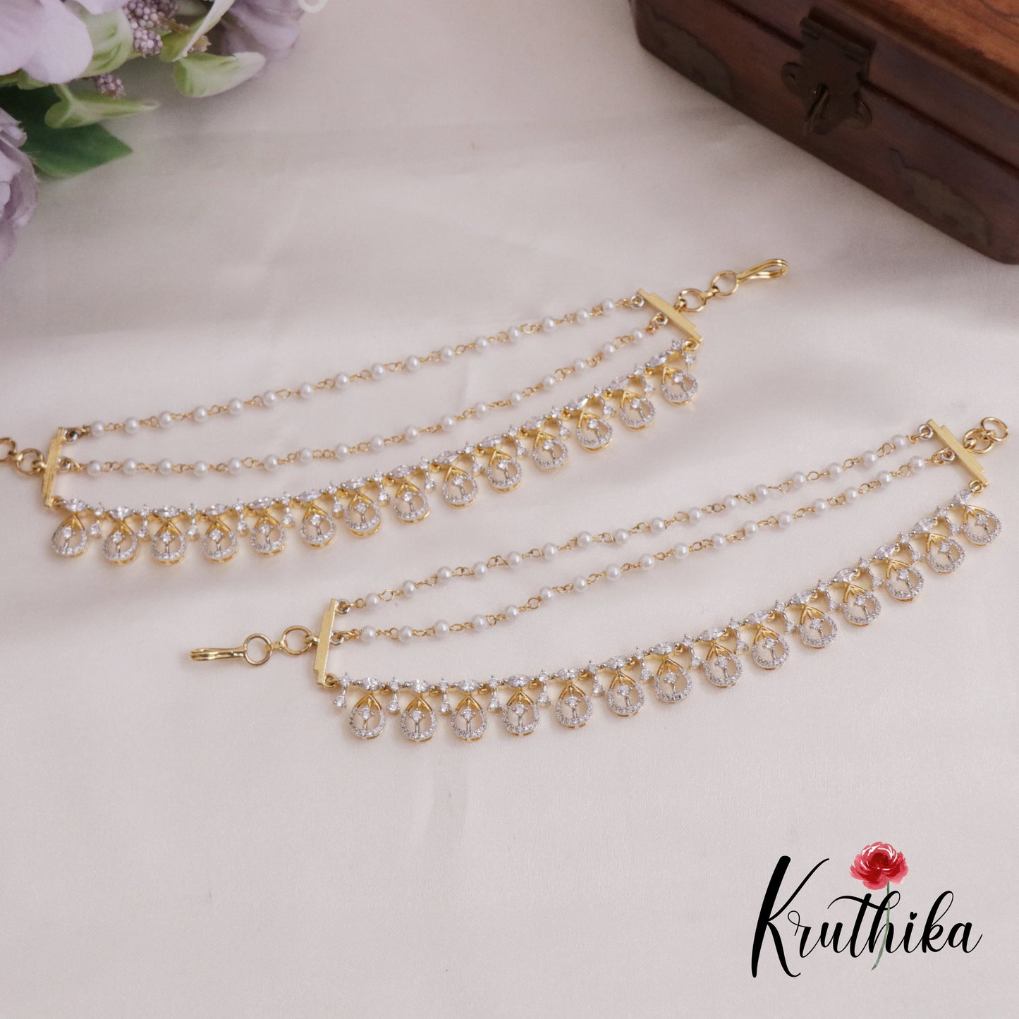 Trendy CZ Sparkling Pearl Drop Earchains EC141