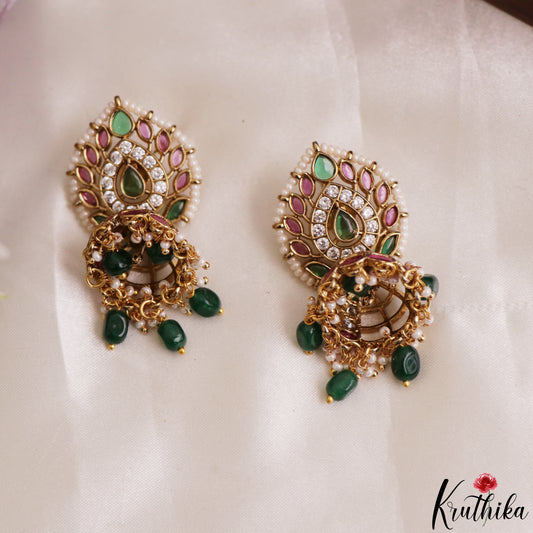 Sparkling Pearl Border Teardrop Motifs Jhumkas With Green Bead Drops E1208