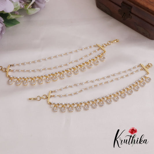 Trendy CZ Sparkling Pearl Drop Earchains EC141