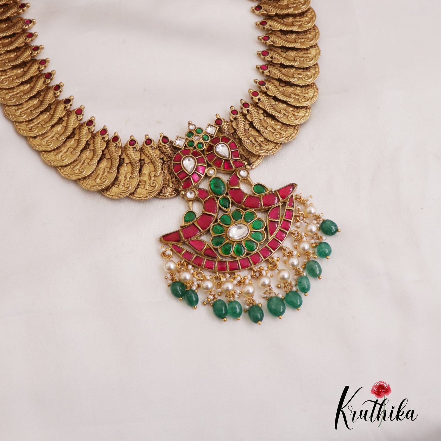 Premium Antique Nagas Lakshmi Kasu Jadau Haaram With Green Bead Drops LH2045