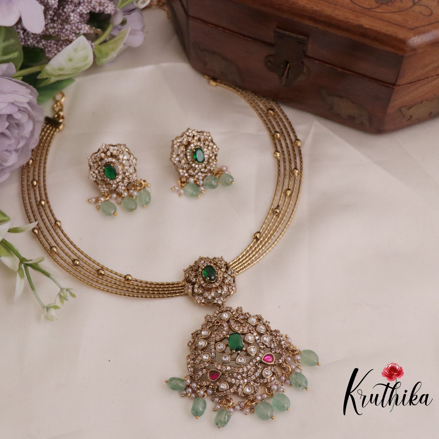 Simple AD Victorian Jadau Peacock Hasli Necklace with Beads Drops NC2342 (Available in 3 Colours)