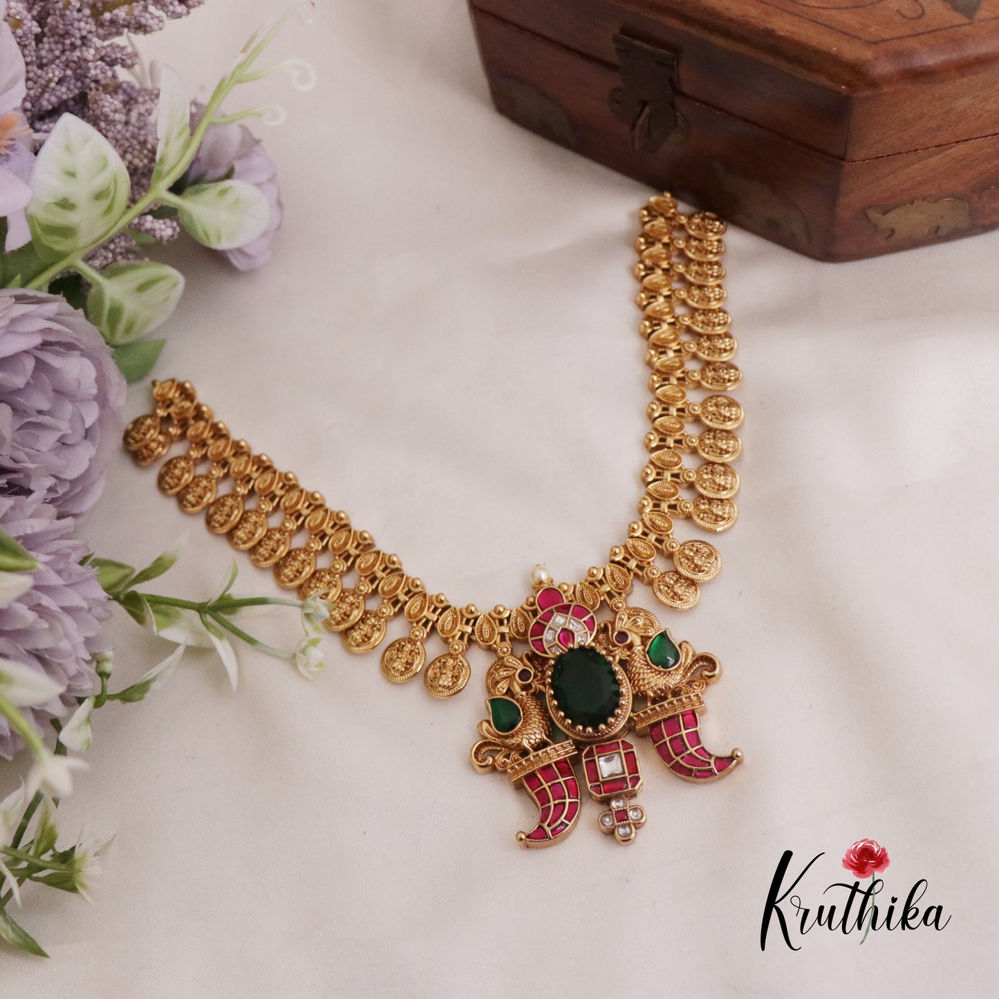 Beautiful Jadau Lakshmi Coin Necklace with Peacock Puligoru Pendant NC2406