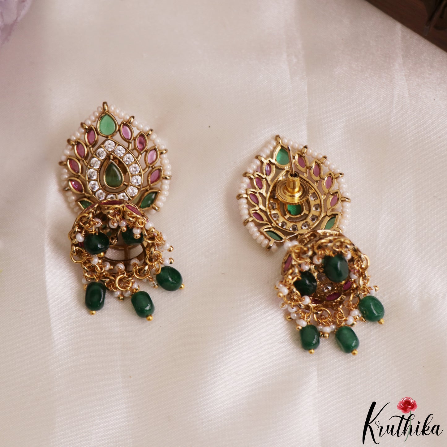 Sparkling Pearl Border Teardrop Motifs Jhumkas With Green Bead Drops E1208