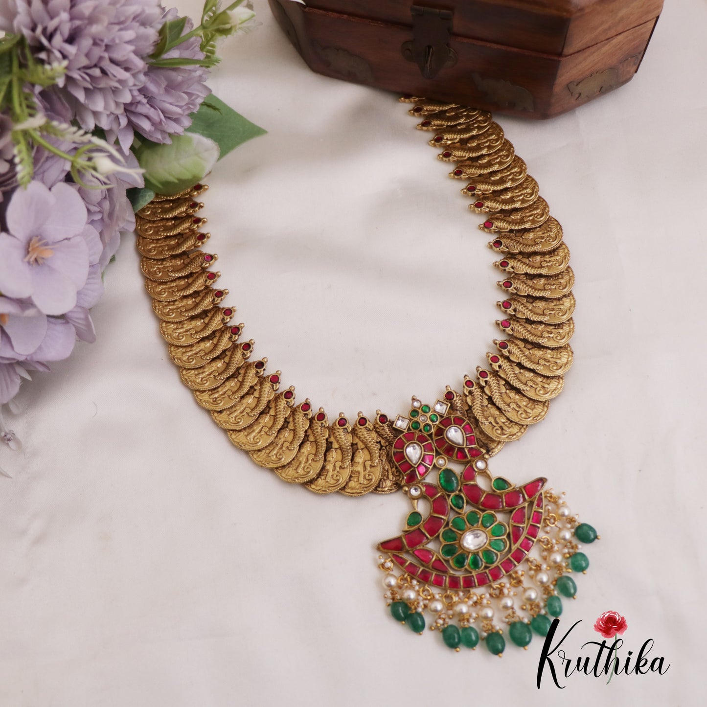 Premium Antique Nagas Lakshmi Kasu Jadau Haaram With Green Bead Drops LH2045