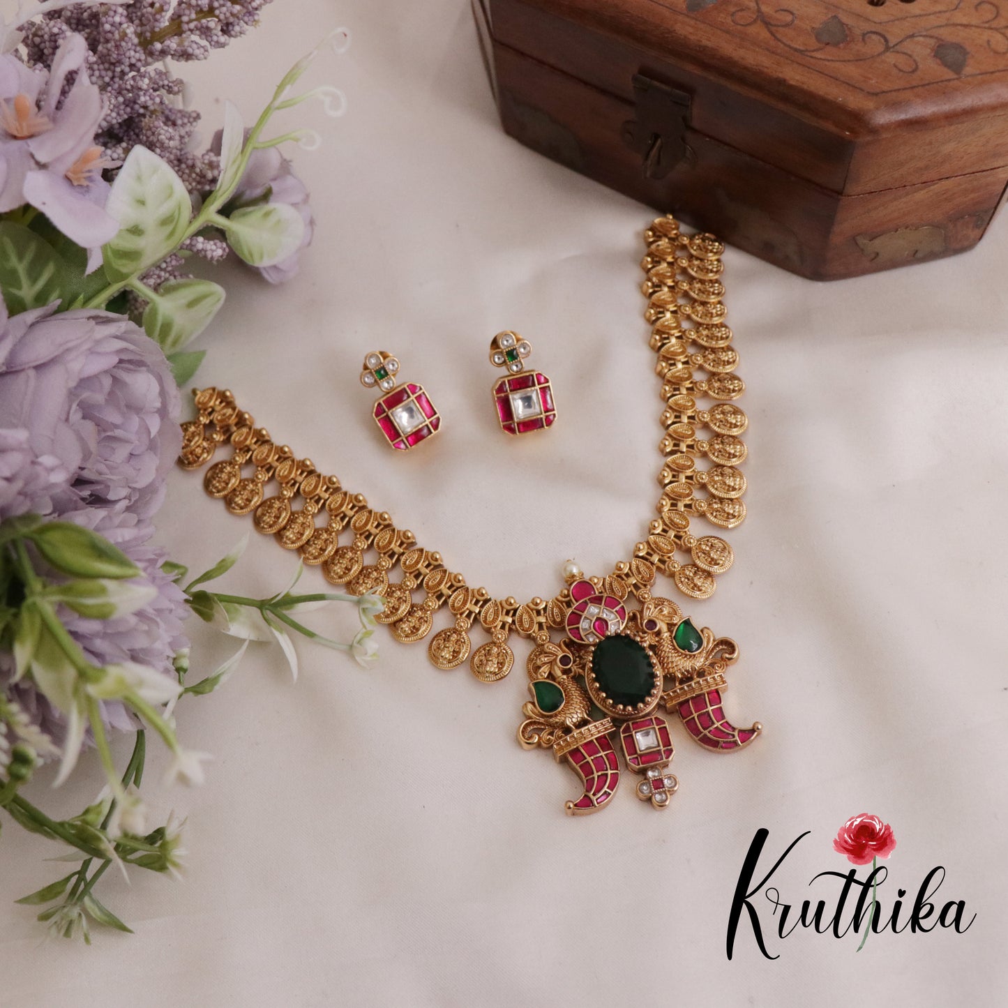 Beautiful Jadau Lakshmi Coin Necklace with Peacock Puligoru Pendant NC2406