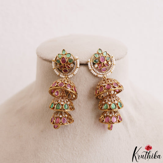 Pretty Pearl Border Floral Motifs Kemp Jhumkas E1210