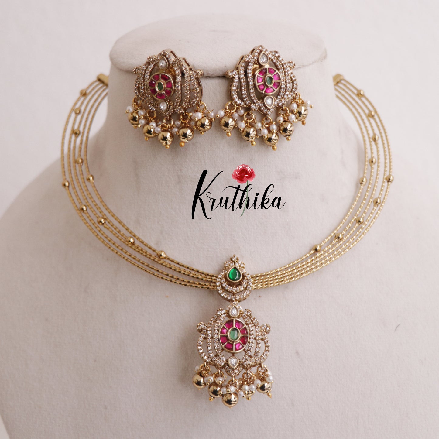 Pretty AD Victorian Jadau Hasli Necklace with Beads Drops NC2344 (Available in 2 Colours)