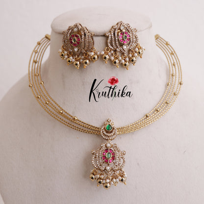 Pretty AD Victorian Jadau Hasli Necklace with Beads Drops NC2344 (Available in 2 Colours)