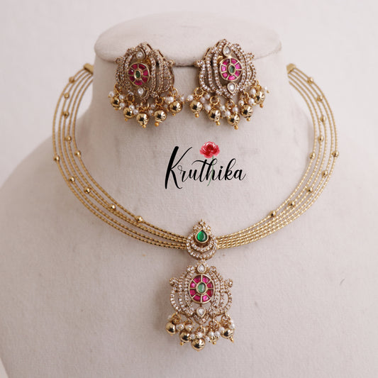 Pretty AD Victorian Jadau Hasli Necklace with Beads Drops NC2344 (Available in 2 Colours)