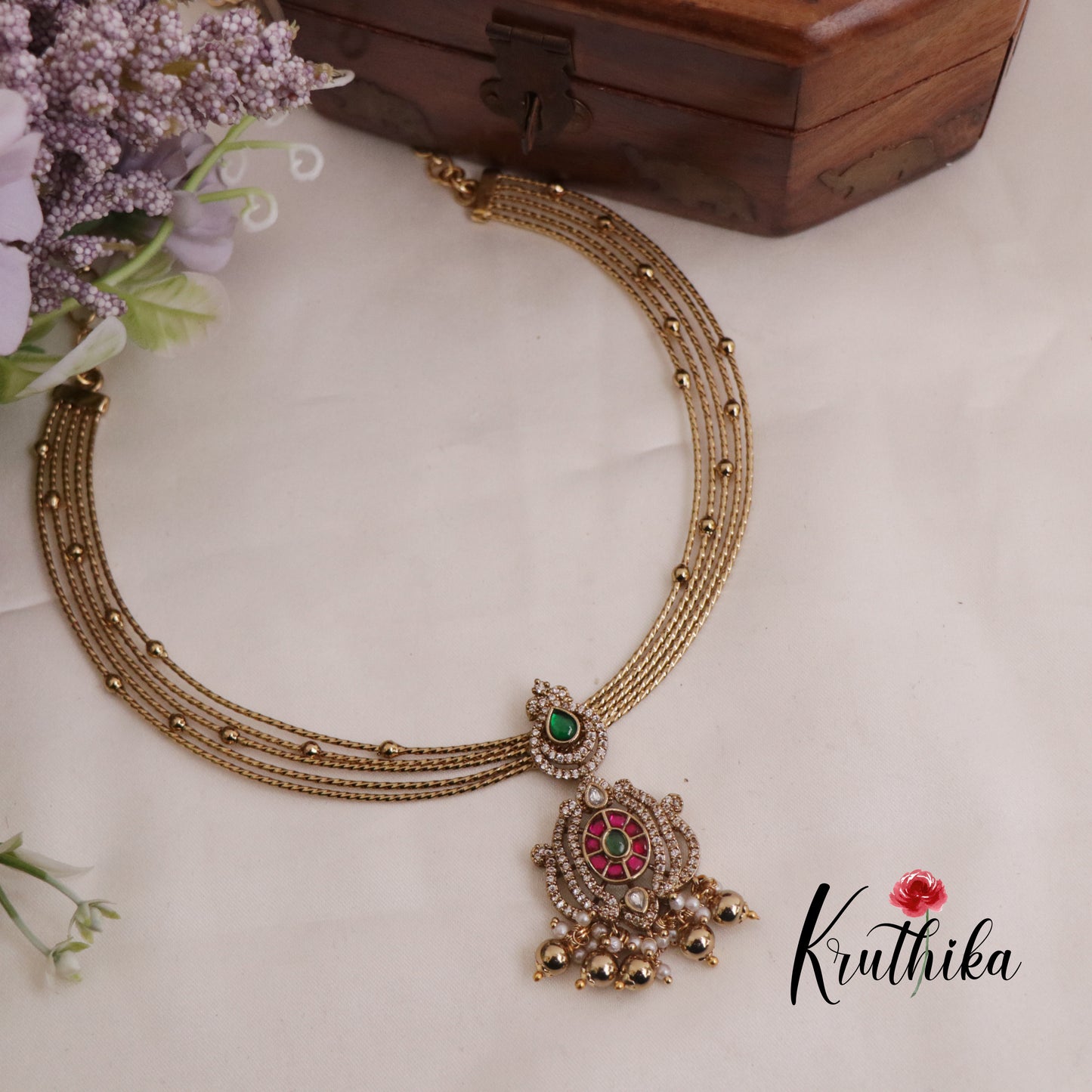 Pretty AD Victorian Jadau Hasli Necklace with Beads Drops NC2344 (Available in 2 Colours)