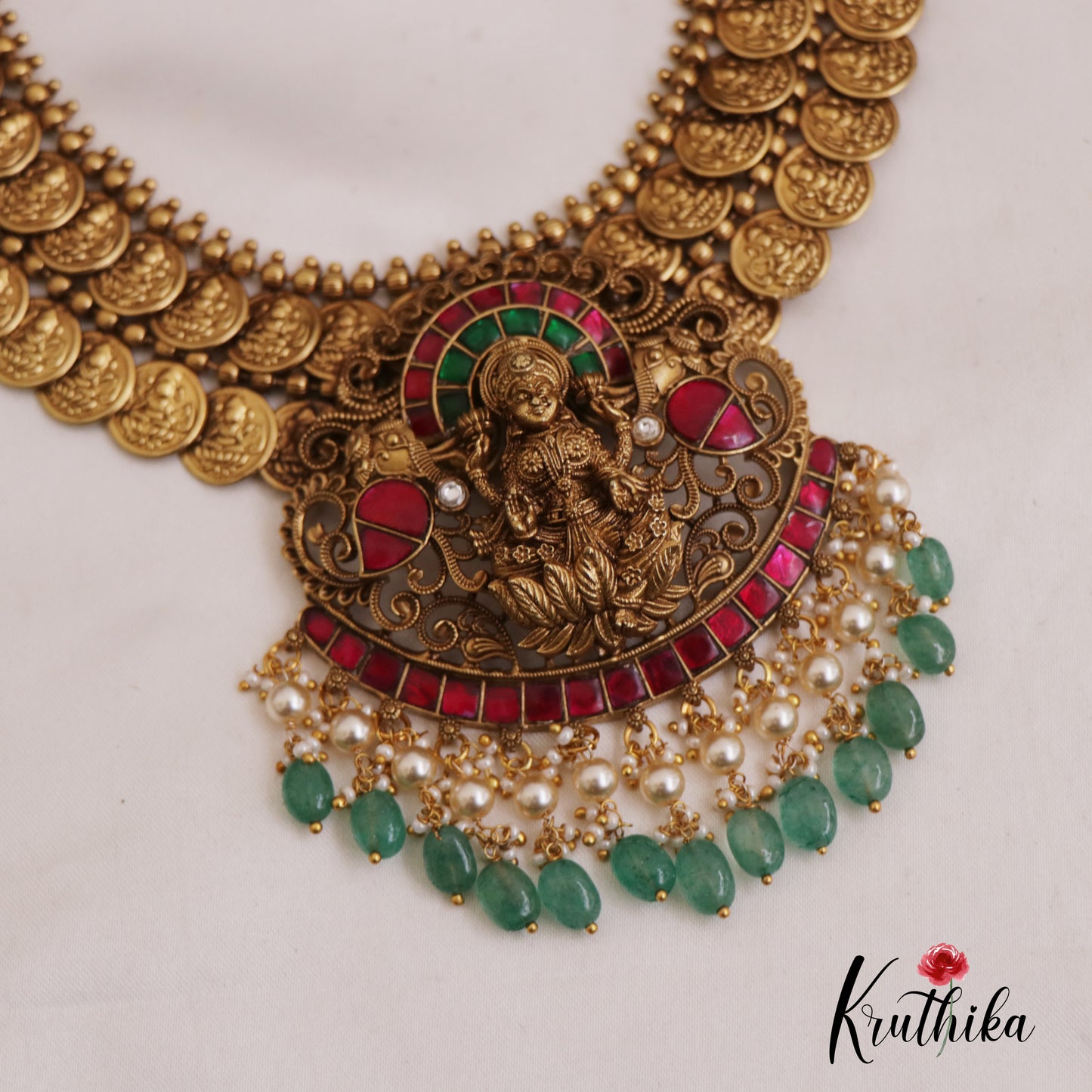 Premium Antique Nagas Lakshmi Kasu Necklace With Green Bead Drops NC2685