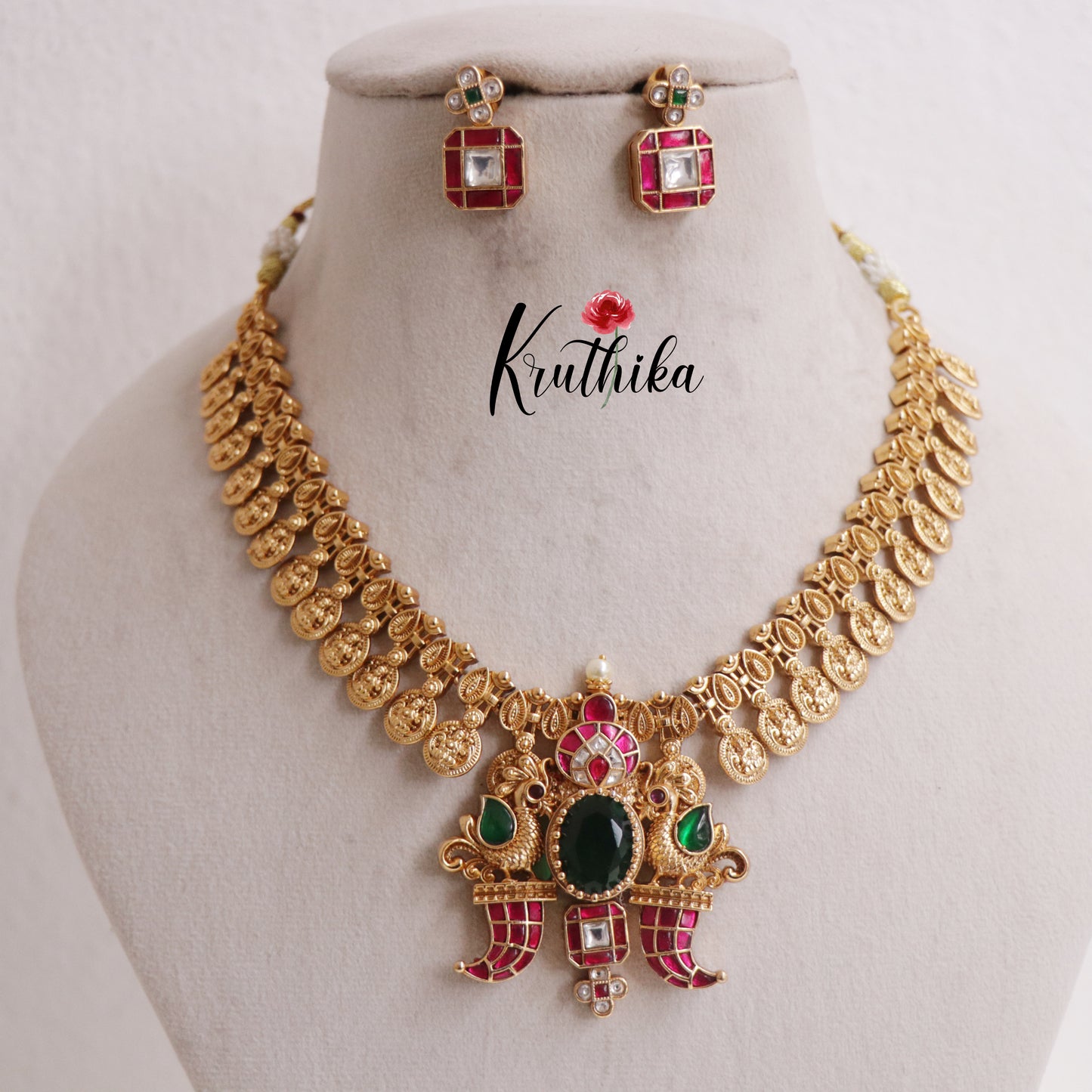 Beautiful Jadau Lakshmi Coin Necklace with Peacock Puligoru Pendant NC2406
