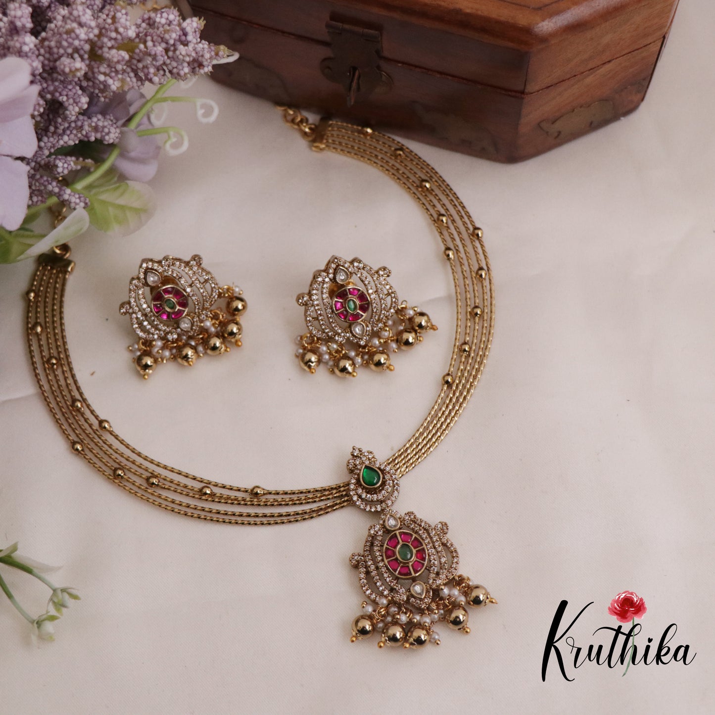 Pretty AD Victorian Jadau Hasli Necklace with Beads Drops NC2344 (Available in 2 Colours)