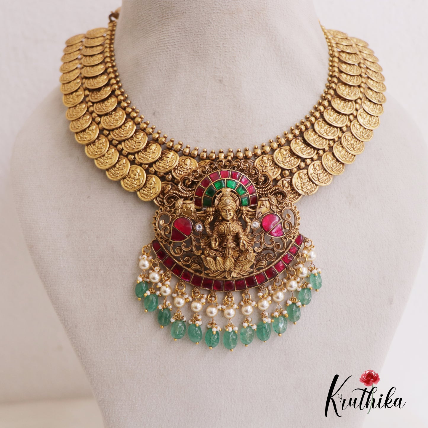 Premium Antique Nagas Lakshmi Kasu Necklace With Green Bead Drops NC2685