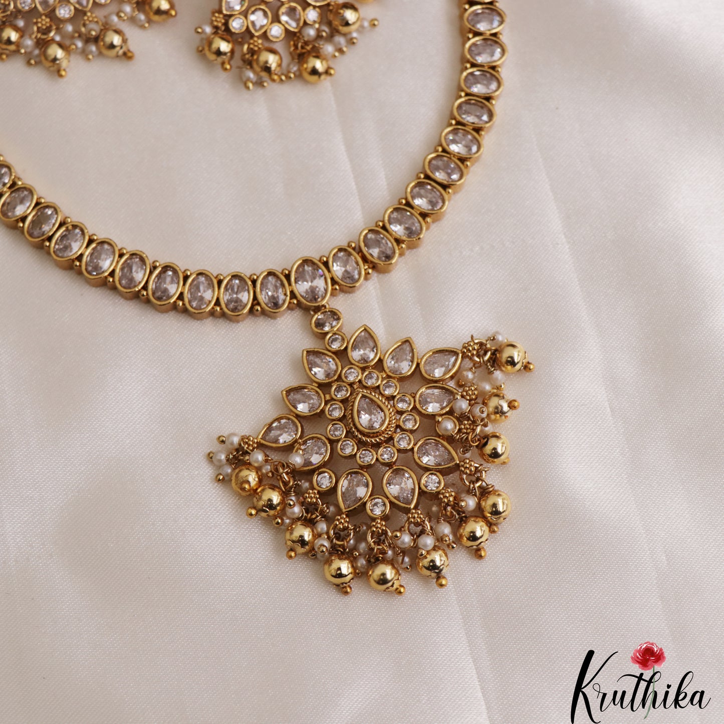 Sparkling Teardrop Motifs CZ Necklace With Pearl Bead Drops NC3097