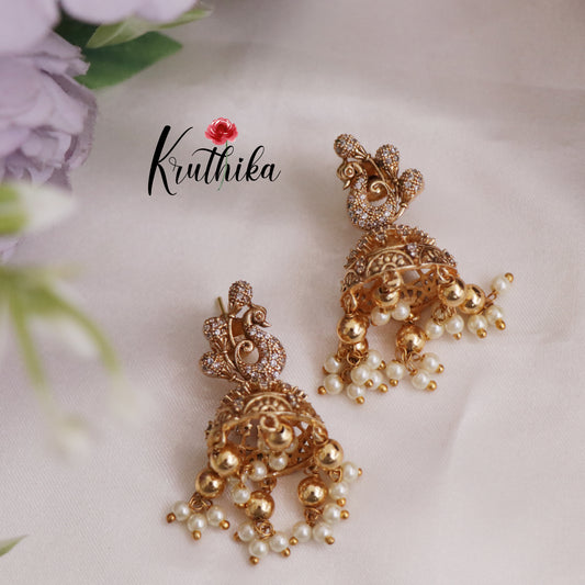 Cute AD Peacock Jhumka with Pearls & golden Beads Drops E759