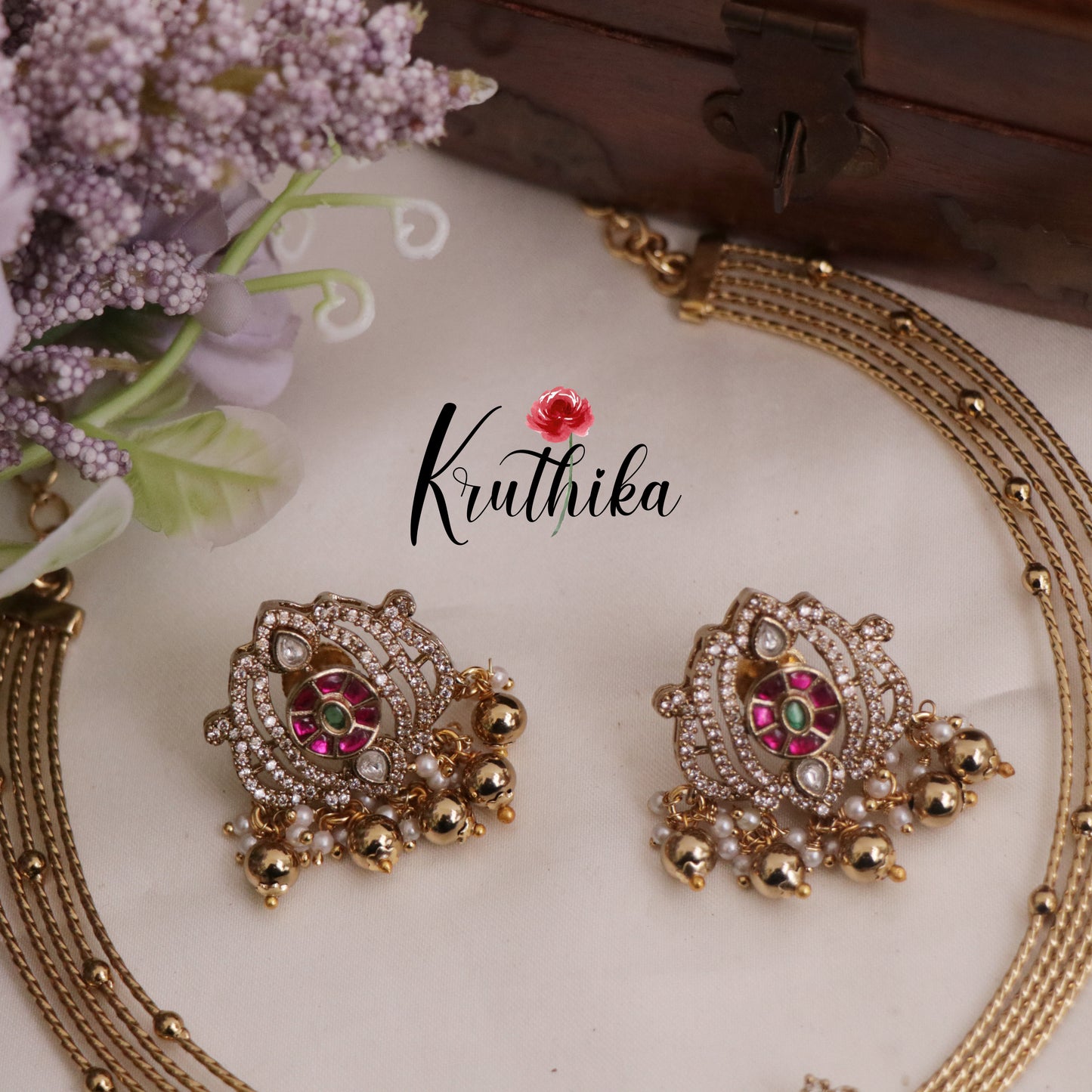 Pretty AD Victorian Jadau Hasli Necklace with Beads Drops NC2344 (Available in 2 Colours)