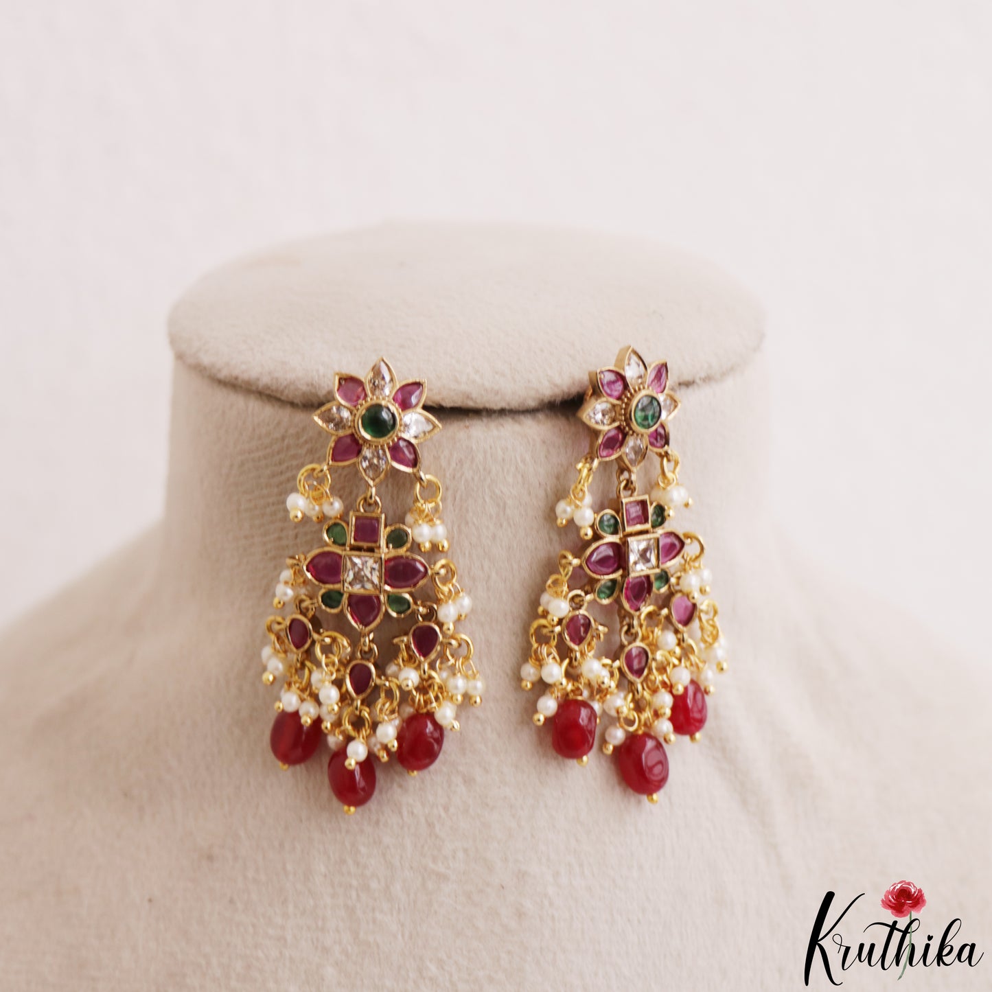 Trendy Floral Motifs Kemp Earrings With Pearl Bead Drops E1211 (Available In 2 Colors)