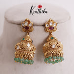 Elegant Antique Kundan Jhumka Earrings with Green Bead Drops E760