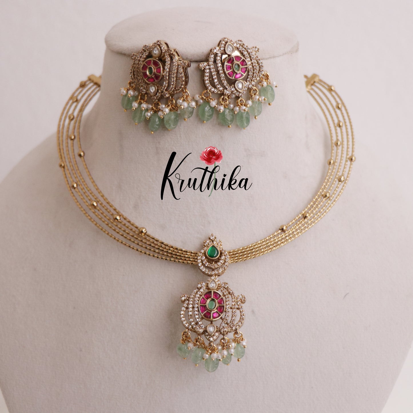 Pretty AD Victorian Jadau Hasli Necklace with Beads Drops NC2344 (Available in 2 Colours)