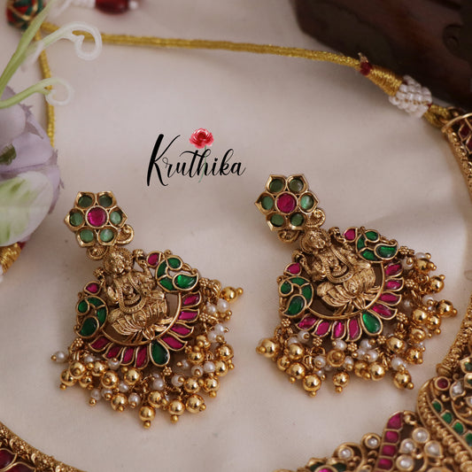 Royal Temple Lakshmi Peacock Jadau Necklace with Golden Beads Drops NC2418