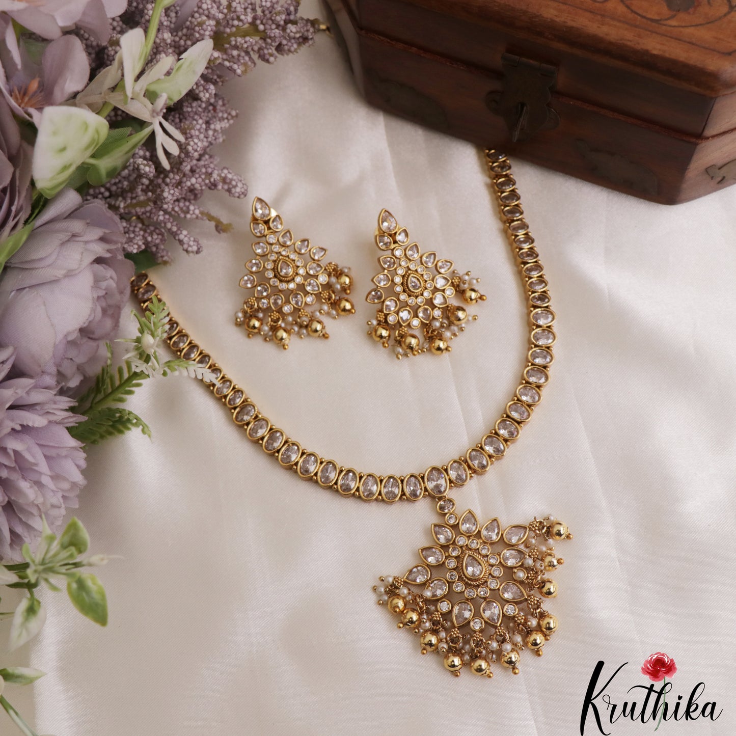 Sparkling Teardrop Motifs CZ Necklace With Pearl Bead Drops NC3097