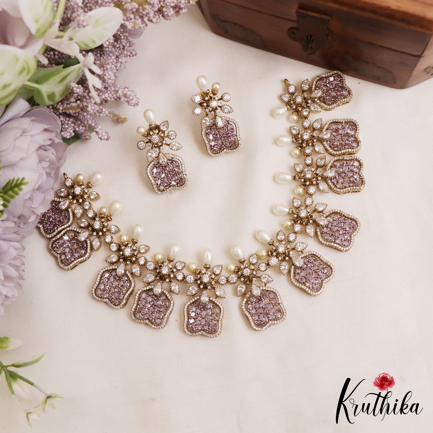 Stunning Floral Motifs CZ Victorian Necklace NC3065 (Available In 3 Colors)
