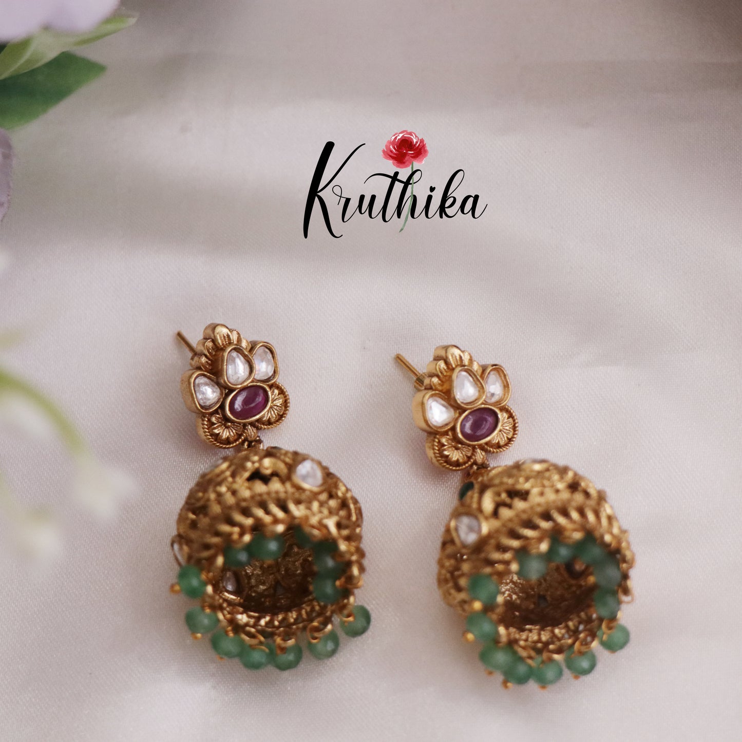 Elegant Antique Kundan Jhumka Earrings with Green Bead Drops E760
