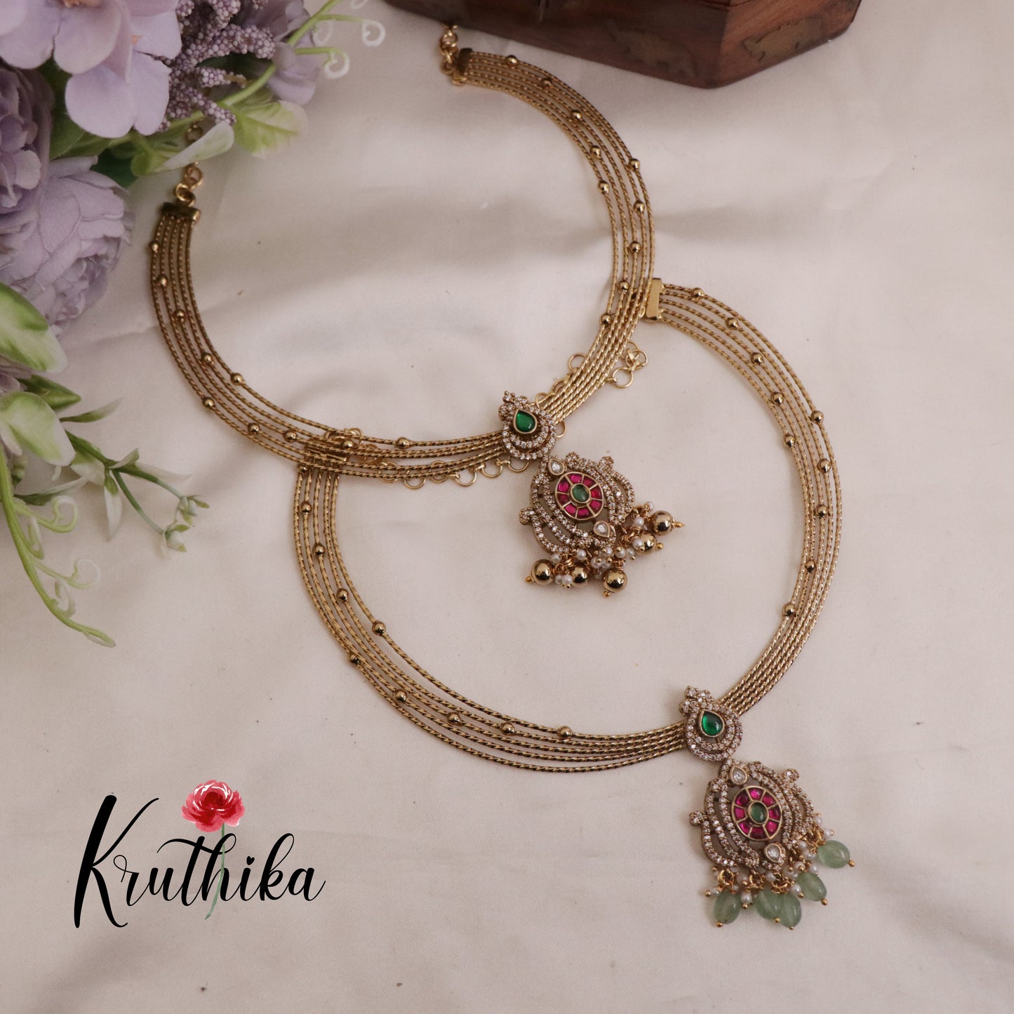 Pretty AD Victorian Jadau Hasli Necklace with Beads Drops NC2344 (Available in 2 Colours)