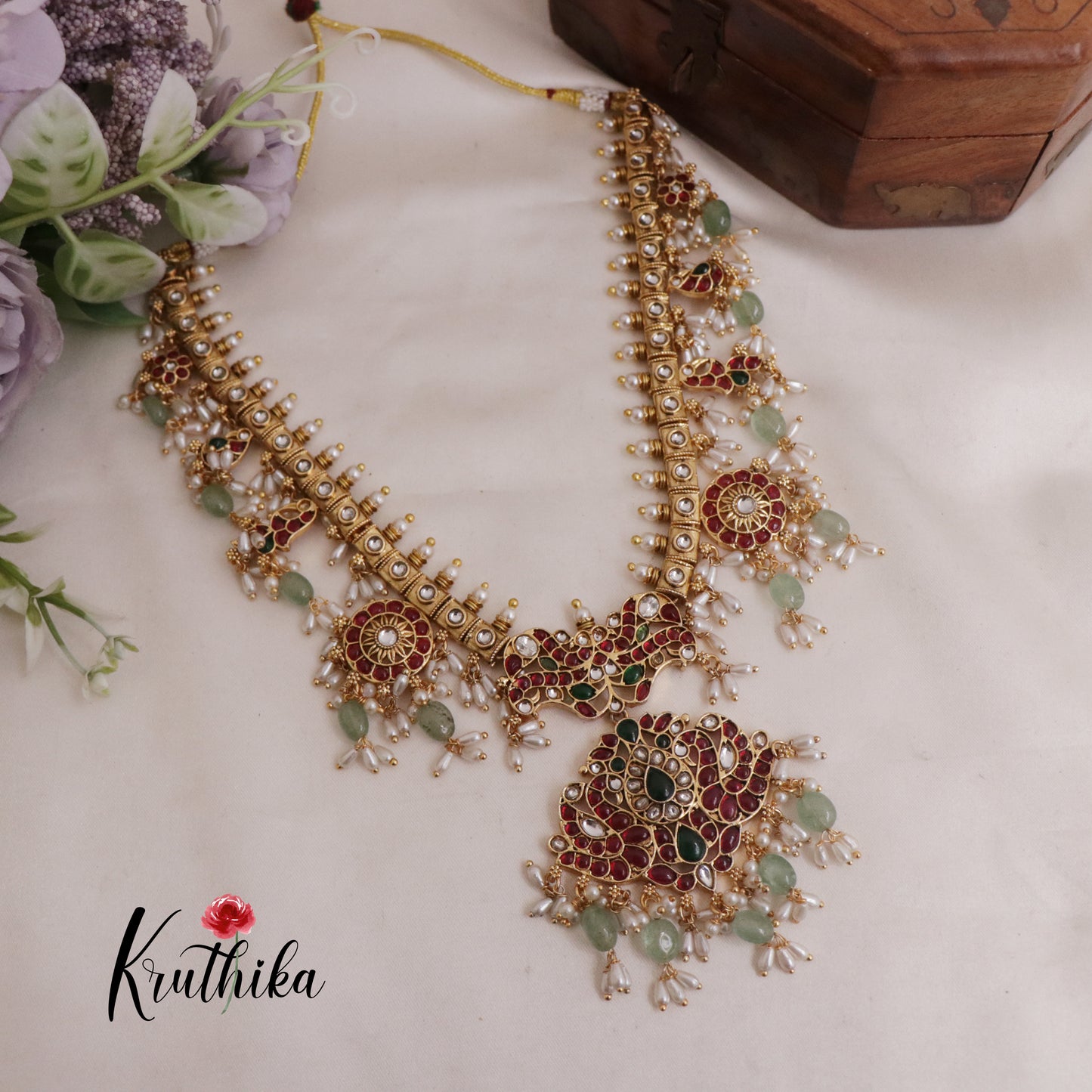 Premium Kemp Peacock Floral Guttapusalu Necklace NC2427