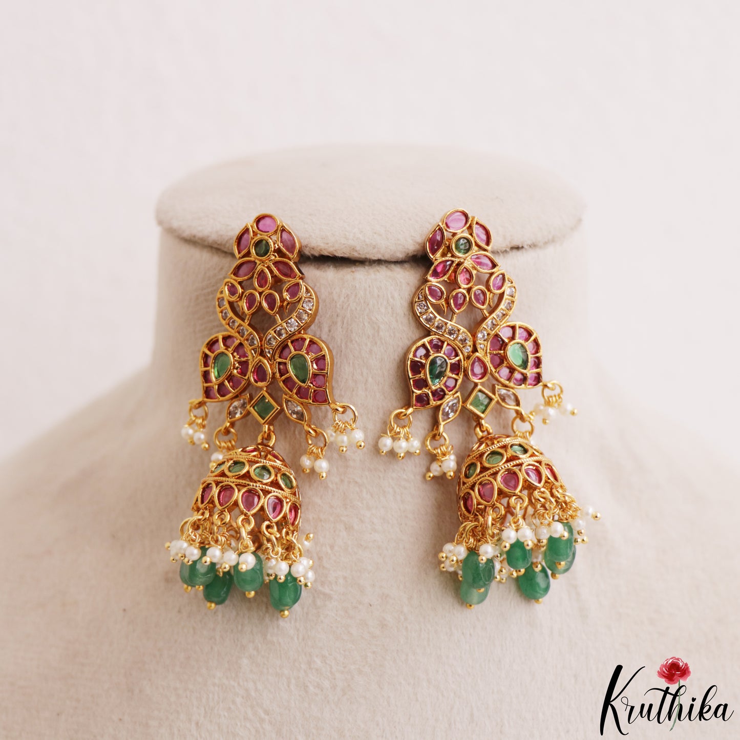 Classic Peacock Motifs Kemp Jhumkas With Green Bead Drops E1212