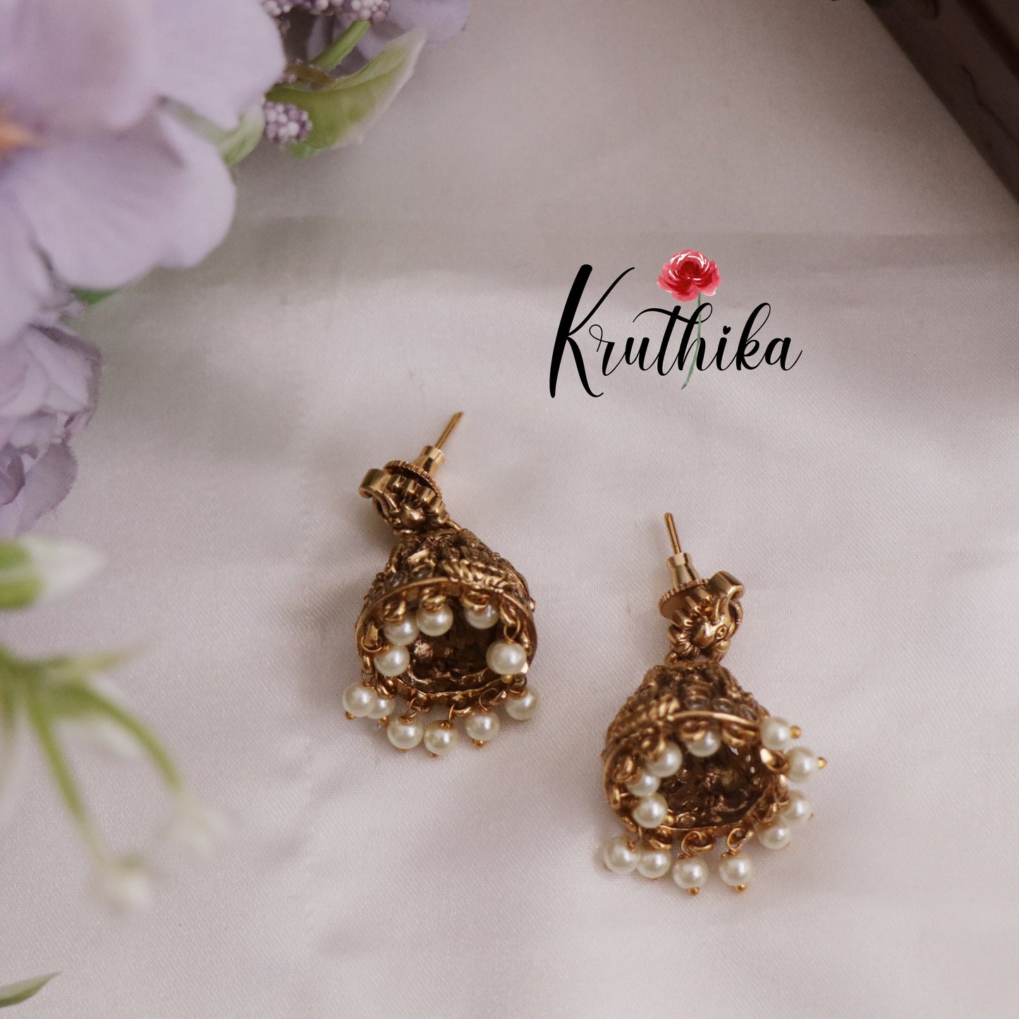 Beautiful Elephant Temple Lakshmi Motif Jhumka Earrings with Pearls Drops E751